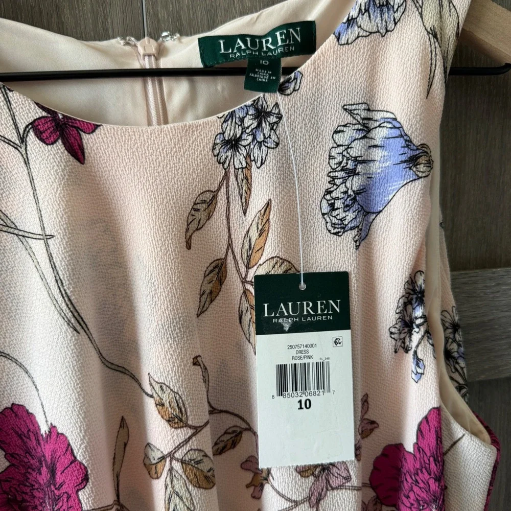 Lauren Ralph Lauren Dress Women 10 Pink Floral Tiered Sleeveless Georgette Shift - Picture 3 of 12
